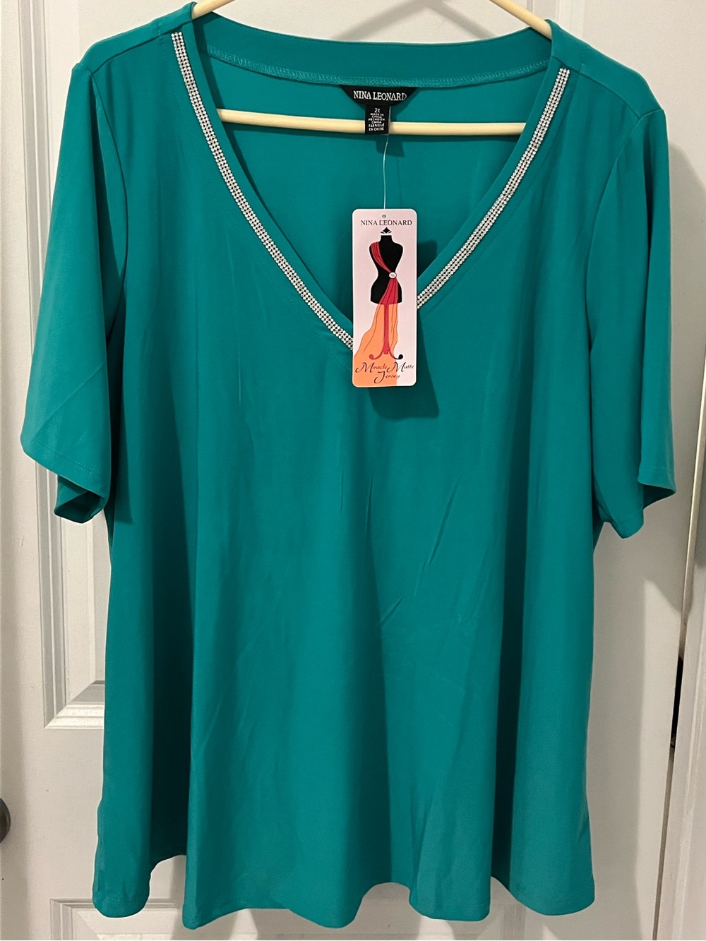 Nina Leonard Teal V-Neck Short Sleeve Top with Rhinestone Trim